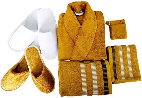KOYOKA Rock Daniel Men's Cotton Bathrobe Set (1 Bathrobe; 1 Big Towels; 1 Hand Towels; 1 Slippers; 1 Soap Pouches and 1 Pair Slippers Free (Free Size; Brown) - 6 Pieces