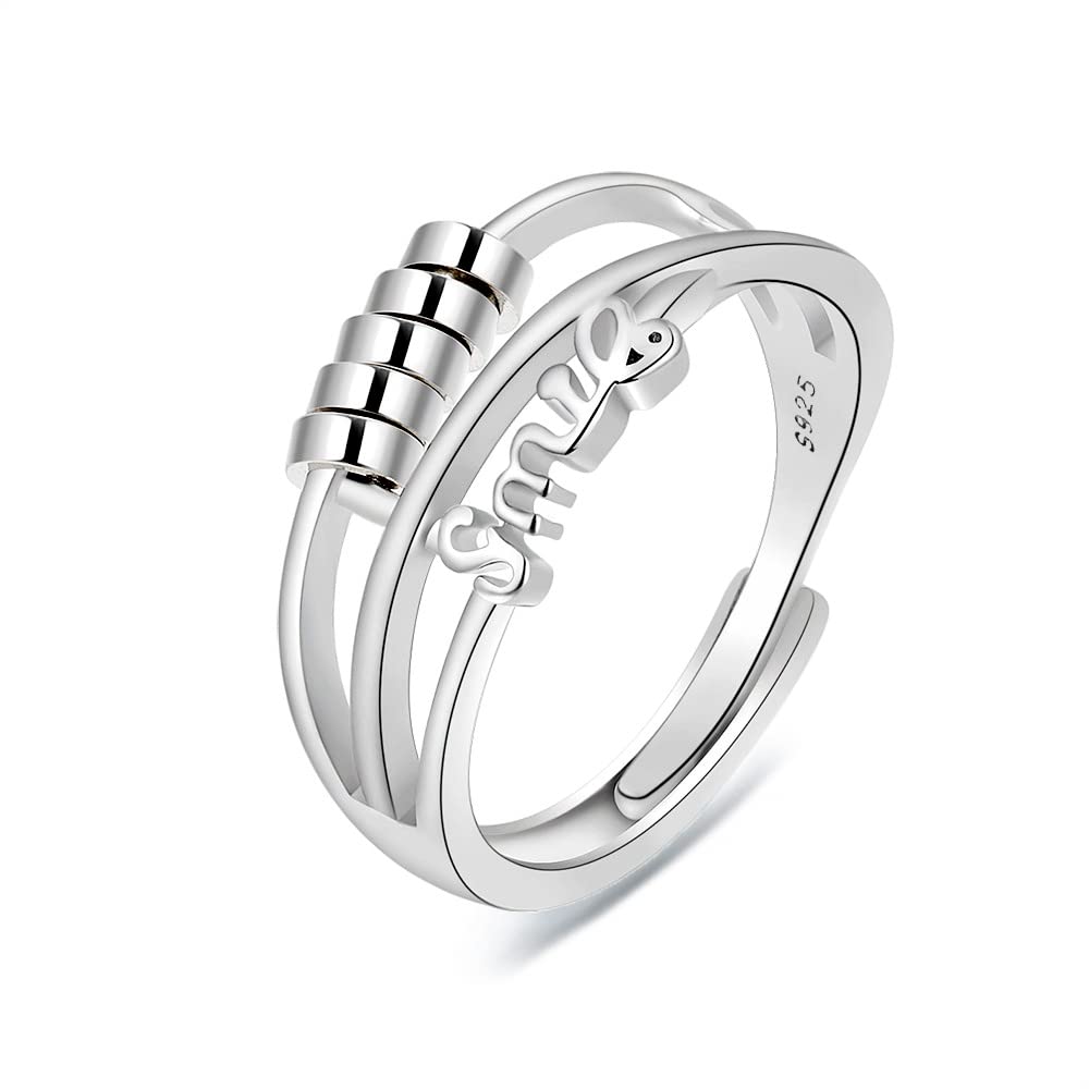 Shuxin 925 Sterling Silver Anxiety Ring for Women, Adjustable Thumb Rings for Women Men, Solid Silver Retro Spinner Rings for Anxiety Stress Relief, Magic Mood Smile Rings for Anxiety Women Men
