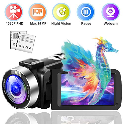 Video Camera Camcorder 24MP 1080P Full HD 30FPS Vlogging Camera IR Night Vision Camcorders Camera Recorder 16X Digital Zoom Camera with The Pause Function and Remote (NEW07)