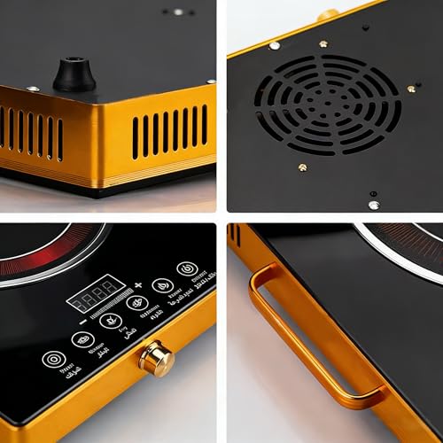 Jospondent Double burner electric ceramic stove, 3500W high-power electric cooking stove, no installation required, wood grain tempered glass and black crystal glass panel, aluminum alloy shell with