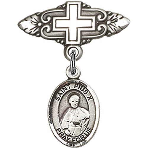 Sterling Silver Baby Badge with St. Pius X Charm and Badge Pin with Cross 1 X 3/4 inches