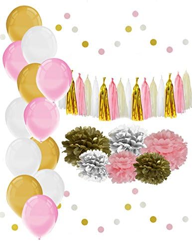 Party Decorations: Tissue Pom Poms, Paper Tassel Garland and Balloons. Decor for Wedding, Baby Shower, Happy Birthday or Engagement. Colors: Gold, White, Pink. Celebrate with OFK Products!