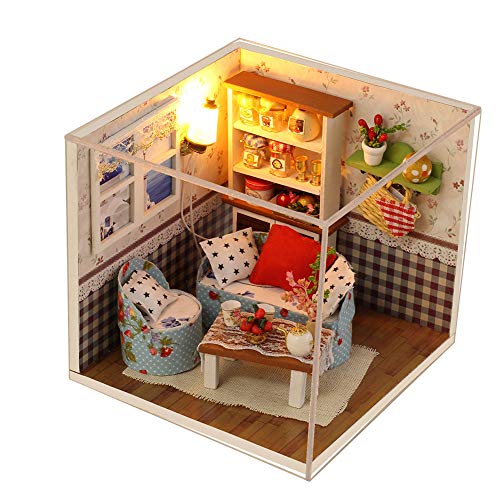 CONTINUELOVE DIY Miniatur-Puppenhaus-Kit - Holz-Miniatur-Puppenhaus-Modell-Kit - mit Möbeln, sprachaktivierten Lichtern…