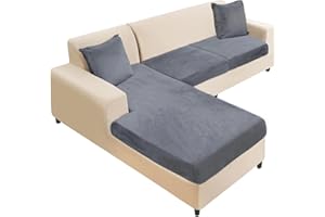 NAISI Sectional Couch Cover 3 Pieces Velvet Separate Couch Cushion Covers L Shape Soft Stretch Sofa Slipcovers with 2pcs Pillowcases for Left/Right Chaise Sectional Couch(2 Seater+1 Chaise,Dark Grey)