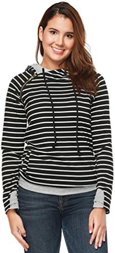 Women Long Sleeve Striped Hoodie Side Zipper Hooded Pullover Sweatshirt (Black, Medium)