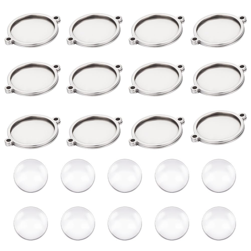 UNICRAFTALE 12 Sets Blank Dome Link Making Kit Flat Round Pendant Blanks 304 Stainless Steel Cabochon Connector Settings Blanks Bezel Pendant Trays with Glass Cabochons for Jewelry Making