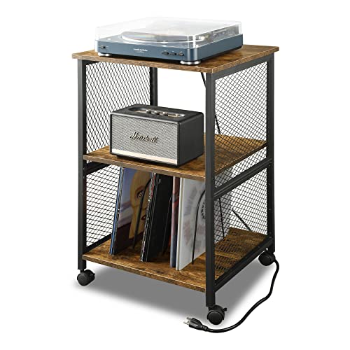 TC-HOMENY Record Player Stand With Charging Station - Holds 160 Vinyl Albums
