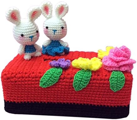 White Couple Rabbit Red Tissue Box Cover Handmade Crochet Romantic Gift (Red)