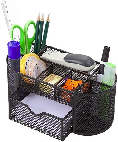 Mesh Metal Desk Organizer Caddy Pen Holder with 8 Compartments with Drawer | Office Desktop Organizer | School Supply - for Cads, Sticky Notes, Pens, Pencils, Notebooks, Stapler, Ruler | Black