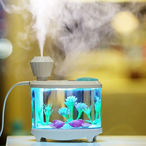 NewPollar USB Fish Tank Humidifier Ultrasonic Whisper-Quiet Operation Cool Mist Humidifier with 7 Night Lights and 8 Hours Shut-Off Auto for Bedroom Babyroom Home Office Kids Baby,White Color