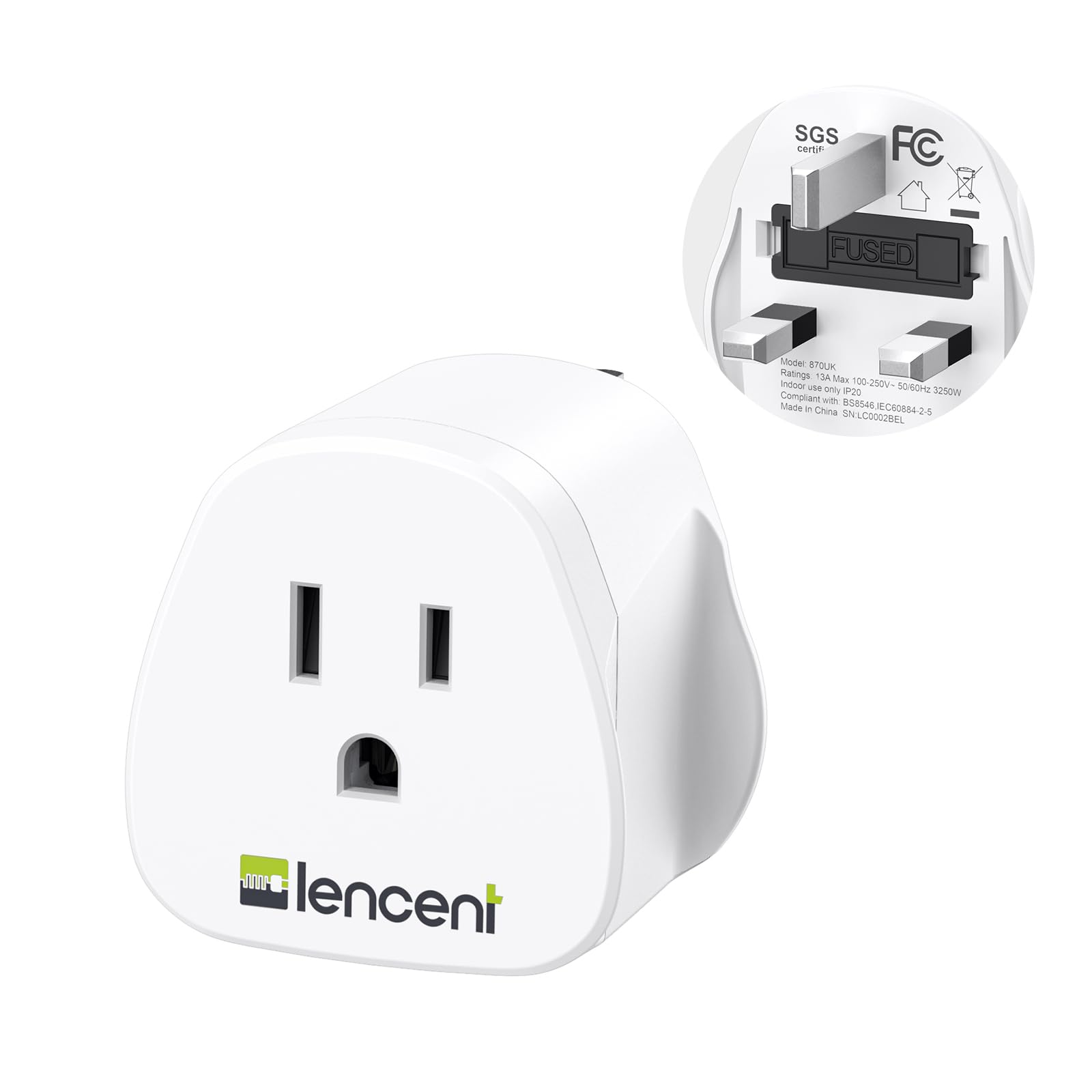 LENCENT US to UK Plug Adapter, 2/3 Pin USA to 3 Pin UK Plug Adaptor, American/Mexico/Canada to British Travel Plug Adapter, 1 Pack, White