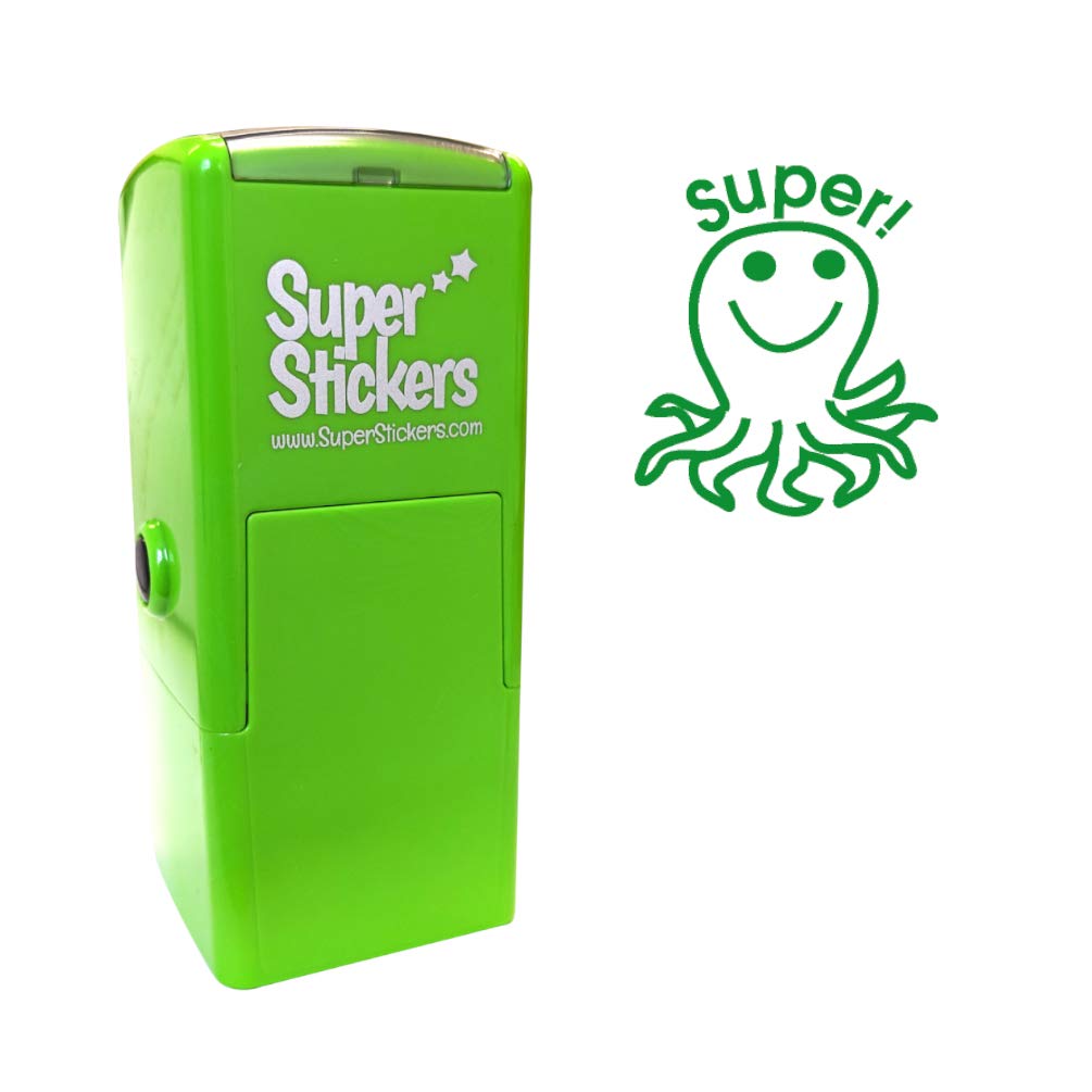 SuperStickers Octopus Pre-Inked Stamper. Green with 'Super!' Message.