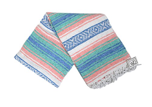 Light Teal and Coral Mexican Blanket - Authentic Mexican Flasa - Great Yoga Blanket, Beach Blanket, Picnic Blanket, or Mexican Throw! Handwoven