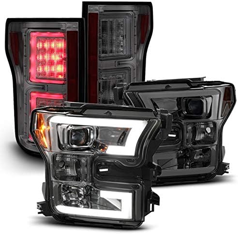 AVENN 2015-2017 for Ford F-150 Black/SM DRL Tube Projector Headlights + BLK/Smoke Light-Bar LED Signal Tail Lights Pair L + R 2016