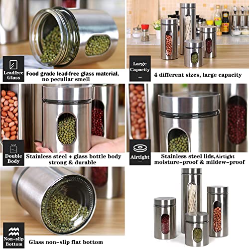 GGEROU Stainless Steel Food Storage Canister Sets with Glass Visible Window & Airtight Lids,Set of 6 Airtight Sugar Coffee Tea Candy Storage Jars，Food Storage Containers Grain Storage Tank (M：950ml)