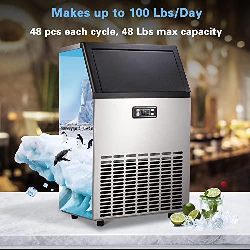 Electactic Ice Maker, Commercial Ice Machine,100Lbs/Day, Stainless Steel Ice Machine With 48 Lbs