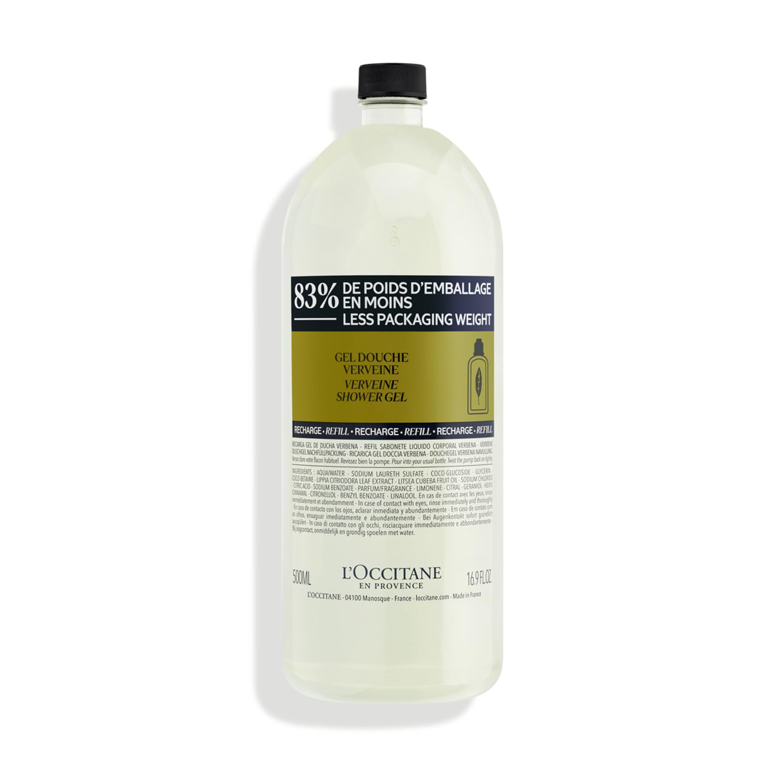 L'OCCITANE - Verbena (Verveine) Shower Gel Refill - 500 ml - Zesty and refreshing fragrance - Made in France