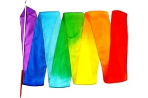 Aumulen Women 1 Piece Hand Painted Silk Flow Ribbon Streamer with Rods Worship Flags for Dance