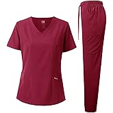 Dagacci Medical Uniform Women's Scrub Set 4-Way Stretch Y-Neck Stitch Tape Top and Pants