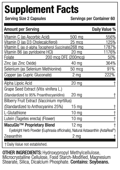EYESCIENCE MACULAR HEALTH BEYOND AREDS2 FORMULA, ADVANCED OCULAR VITAMIN – CONTAINING LUTEIN, ZEAXANTHIN, BILBERRY, AND VITAMINS C, D, E, AND B6 (60 DAY SUPPLY)