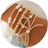 5PCS Gold Bow Bracelet for Women Stackable Stretch Bead Ball Bracelets Stack Gold Beaded Bracelets Pearl Bracelets for Women Gold Bead Elastic Bracelet Jewelry