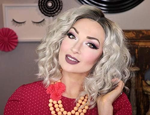 Cosswigs Ombre Platinum Blonde Wig Realistic Looking Soft Curly Wavy Bob Synthetic Lace Front Wigs Glueless Dark Roots Heat Resistant Hair 14inches