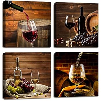 ARTLONGJI Red Wine Cups HD Modern 4 Panels Framed Wall Art Abstract Giclee Canvas Prints Artwork Contemporary Vintage Pictures Paintings on Canvas Wall Art for Kitchen Home Decorations