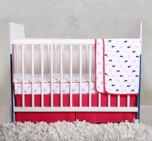 Bacati Nautical Whales/Boats/Stars Girls 100% Cotton 3 Piece Crib Set with 4 Layer Lux Blanket/Fitted Sheet/Skirt, Pink/Navy