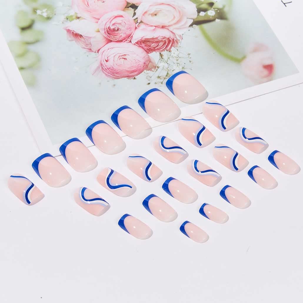 Foccna Square Press on Nails Acrylic French Fake Nails Short Swirls Cute Women's Blue False Nails Daily Wear Artificail Nails for Women&Girls, 24PCS - Image 2