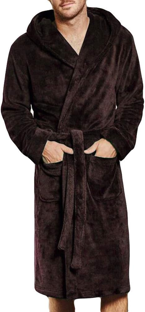 Homstar Men's Soft Fleece Dressing Gown Fleece Robe with Hood Bathrobe Warm and Cozy Winter Plush Shawl Lengthened Coralline Long Sleeved Robecoat Great for Men