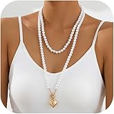 Long White Pearls Beaded Puffy Heart Pendant Necklace for Women Long Fake Baroque Pearl Beads Choker Necklaces Personalized Layering Statement Jewelry