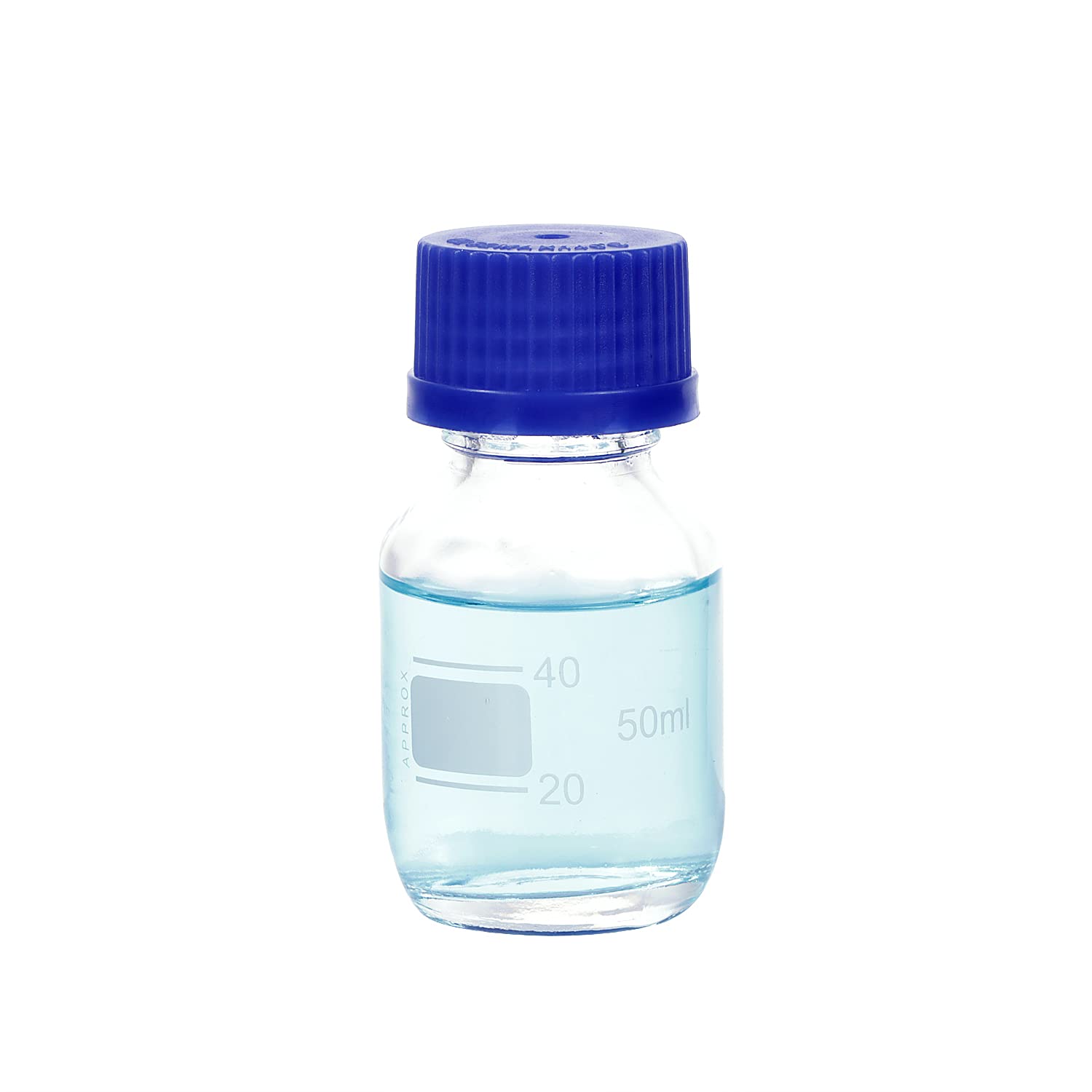 Pastein 10 Pack 50 mL Graduated Round Reagent Media/Storage Glass Bottle With GL32 Blue Polypropylene Screw Cap