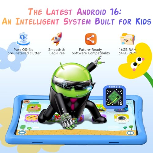 VekfulPC Kids Tablet 10 inch, Android 16 Tablet for kids Space, Parental Control, 16GB RAM 64GB ROM, 2TB Expand, Includes Case & Stylus Pen, Pre-Installed Educational Apps, Eye Protection, Blue