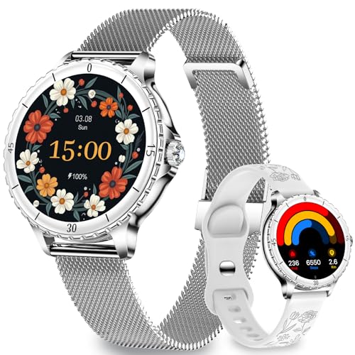 Women's Smart Watch with Calls, 1.27" HD Round Smartwatch with Female Function, 120+ Sports Modes, Heart Rate Monitor, SpO2, Sleep Monitor, IP68 Smart Watch for Android iOS, Silver, Women's Gift