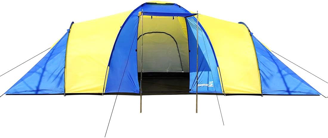 Peaktop 3 Bedrooms 1 Large Living Room 8 Persons Camping Tent Family Group Double Poles Hiking Beach Outdoor Tunnel Dome 3000mm Waterproof &UV Coated Bright Color 1 Year Warranty (5 Shapes)
