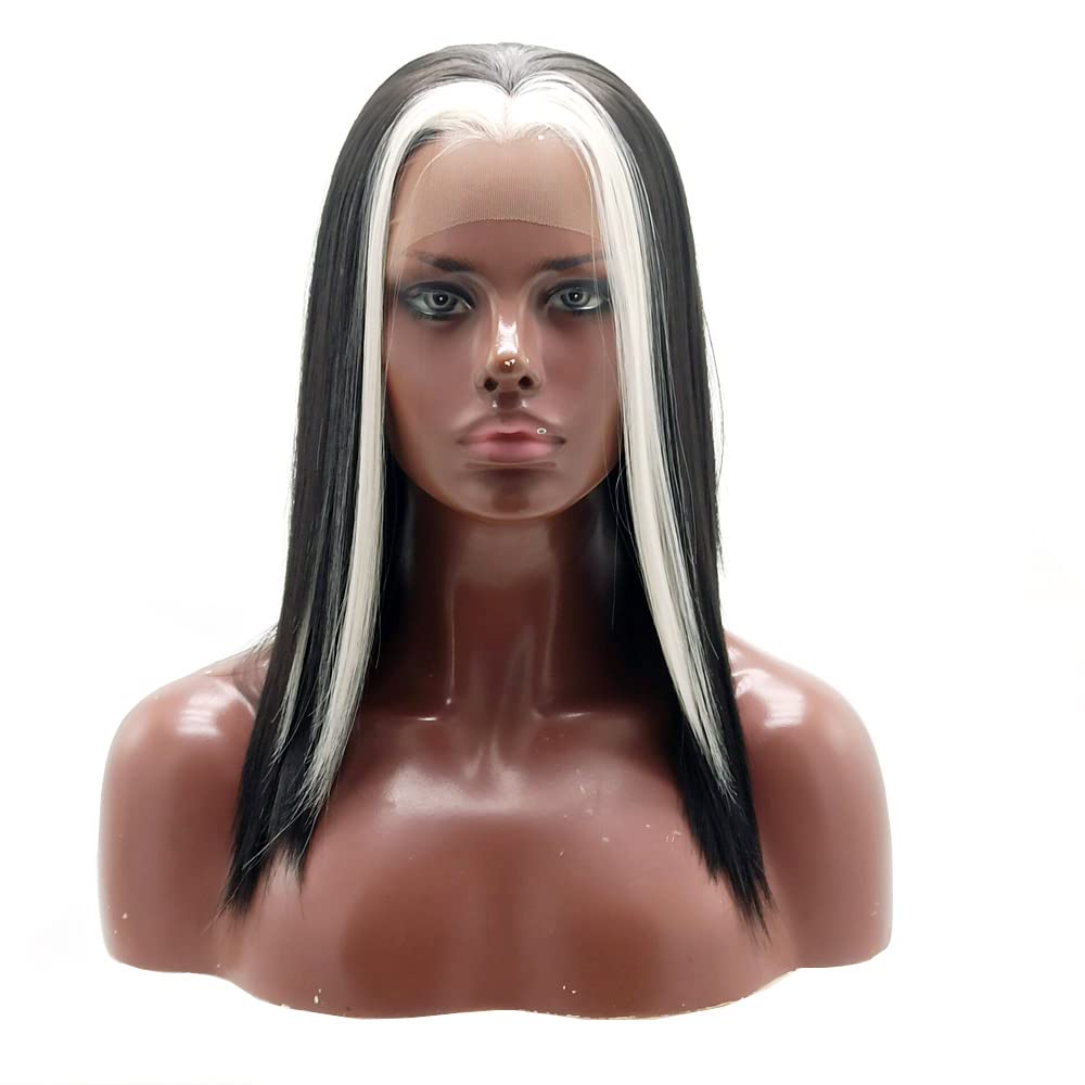Xiweiya Long Black Mixed White Highlight Lace Frontal Wig Mermaid Long Soft Straight Hair Middle Part Heat Resistant Fiber Hair Replacement Lace Wig for Women Drag Queen Party 18 Inch