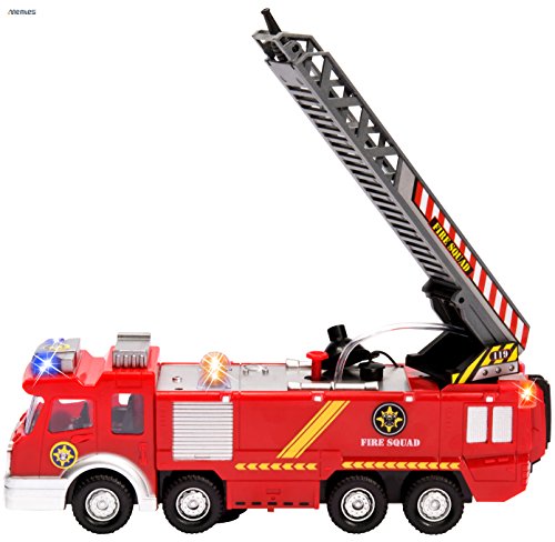 Memtes Electric Fire Truck Toy with Lights and Sirens Sounds, Extending Ladder and Water Pump Hose to Shoot Water, Bump and Go Action - Thumbnail 2