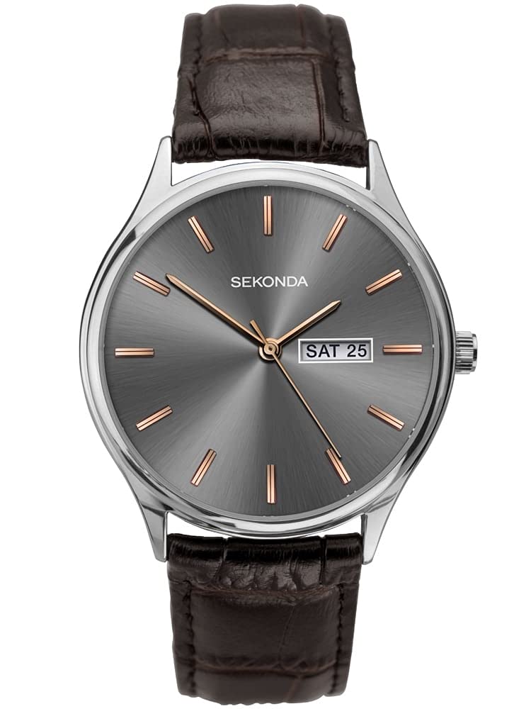 Sekonda Mens Grey Dial Brown Leather Strap Watch 1685