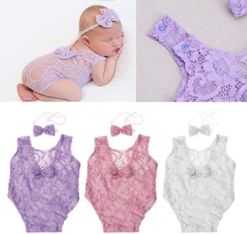 Vivianu Baby Photography Props Backless Hollow Bow Knot Lace Romper Newborn Girls Outfit