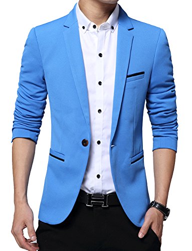 DAVID.ANN Men's Slim Fit Suits Casual One Button Flap Pockets Solid Blazer Jacket,Sky Blue,Small