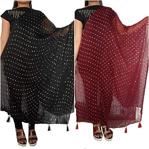 Red Lady Chiffon Star Design New Drop Dupatta with Jhalar both side