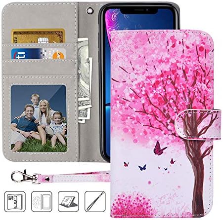 Urbeutyke iPhone XR Wallet Case, iPhone XR Case,Premium PU Leather Flip Folio Case Cover with Wrist Strap, card holder,Cash Pocket,Kickstand for Apple iPhone XR 6.1 inch - Pink tree