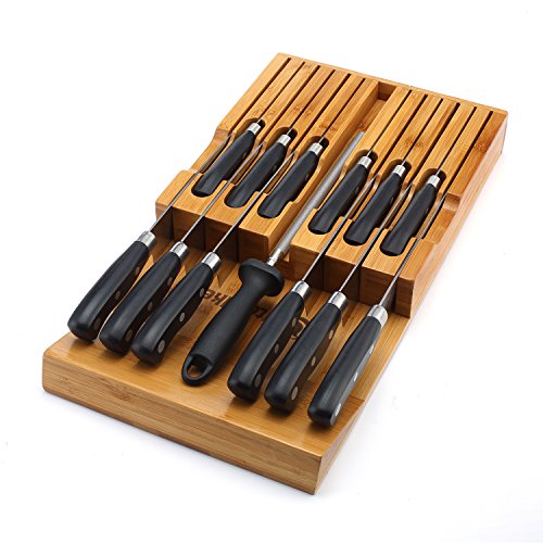 Utoplike In-Drawer Bamboo knife block Drawer Organizer and Holder ,fit for 12 knives and one sharpening steel