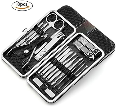 Nail Clipper Travel Set,18 in 1 Stainless Steel Manicure Pedicure Set Nail Cutter Scissors Care Set Tweezers Knife Ear Pick Eyebrow Scissors Utility Tools Grooming Kits with Leather Case (Black)