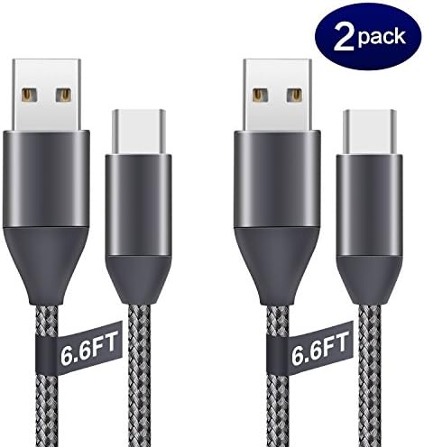 USB C Cables 6.6Ft 2Pack, Type C to USB A 2.0 Nylon Braided Cord Charger Grey for Samsung Galaxy S9 S8 Plus Note8 LG G6 G5 V20 V30 Moto Z2 Google Pixel New Macbook and More