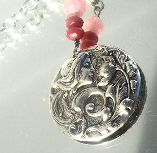 Goddess Maiden Lady Mucha Agate Reproduction Steampunk Ruby Beads Pendant Beaded One of a Kind Necklace Silver Handmade