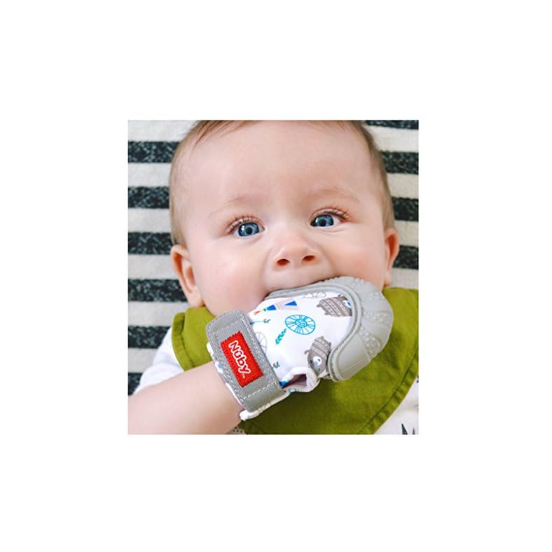 Nuby Soothing Teething Mitten with Hygienic Travel Bag, Grey, 1 Count (Pack of 1)