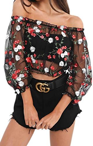 Vepodrau Women Off Shoulder Puff Sleeve Mesh Sheer Embroided Crop Top Shirt Black XL