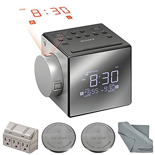 Sony ICF-C1PJ Alarm Clock Radio Bundle with 3 Plug-In Surge + 2 Batteries + Fibertique Cloth