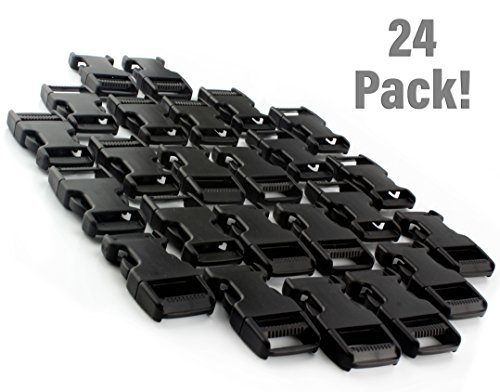 Flat Side Release Black Plastic 1-inch Buckles (24-pack); Use with Webbing for DIY & Repairs for Straps, Collars, Belts, Bags, Harness, Backpacks & More